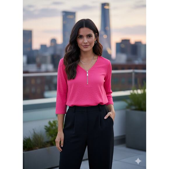 Belle by Kim Gravel Womens L Barbiecore Preppy Colorful Half Zip Tunic Top Pink - Picture 2 of 12